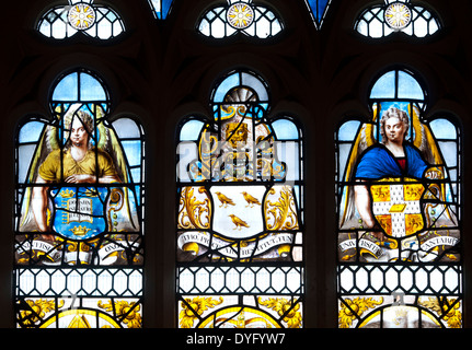 Heraldic stained glass, St. Martin`s Church, Fenny Stratford, Buckinghamshire, England, UK Stock Photo